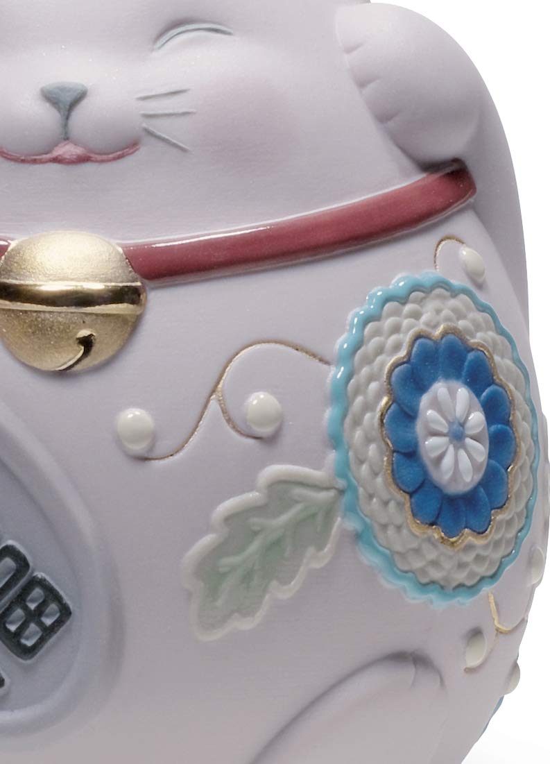 Lladró Maneki Neko III Gatto Fortunato Porcellana Rosa