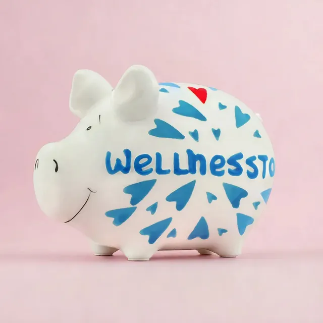 Sparschwein Company Kleinschweine Wellnesstag salvadanaio maialino blu scritta