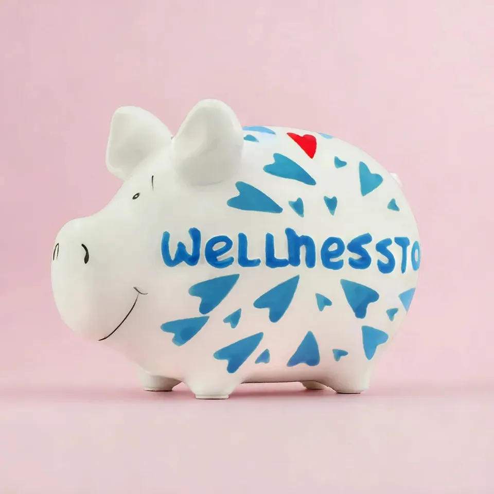 Sparschwein Company Kleinschweine Wellnesstag salvadanaio maialino blu scritta