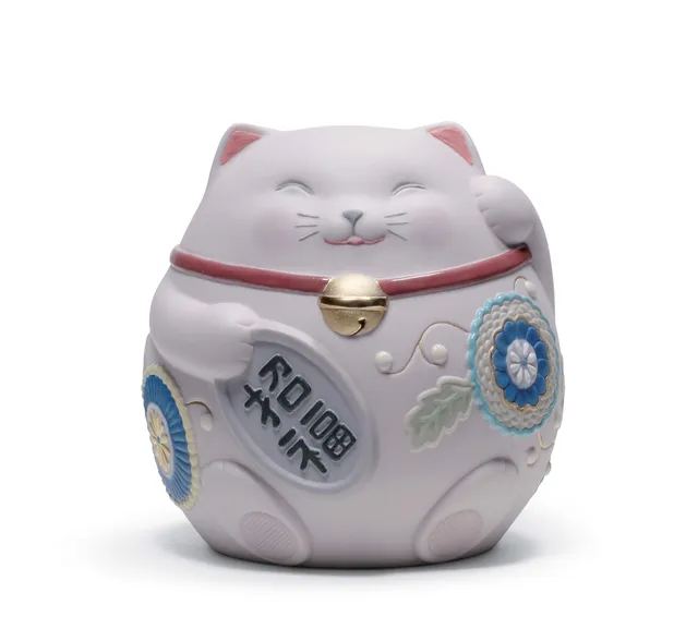 Lladró Maneki Neko III Gatto Fortunato Porcellana Rosa