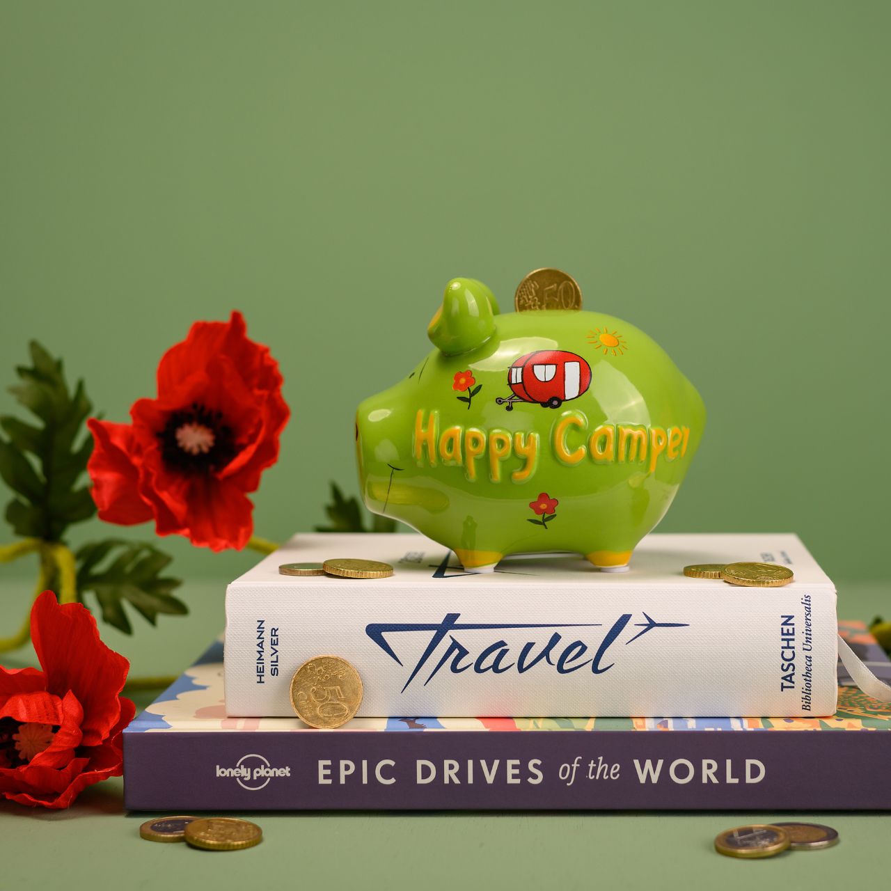 Sparschwein Happy Camper salvadanaio maiale ceramica verde