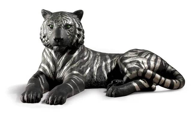 Lladró Sculture Tigre argento e nero figurina porcellana lustro