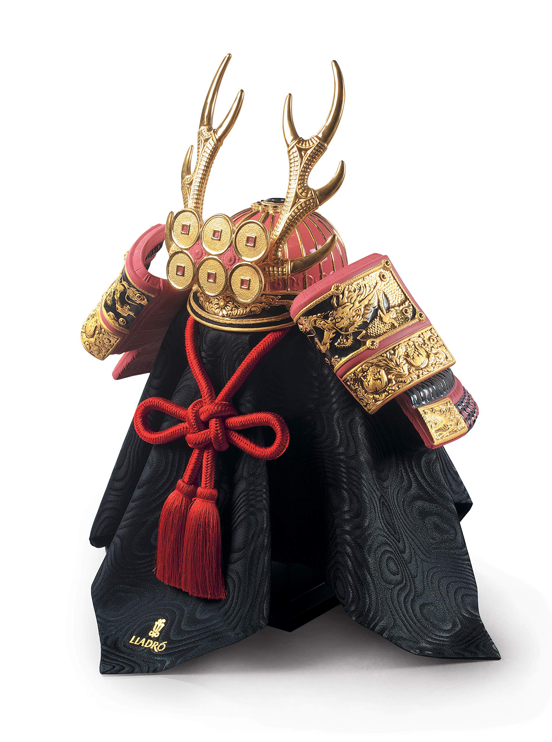 Lladró Elmetto Samurai scultura porcellana rossa lustro oro