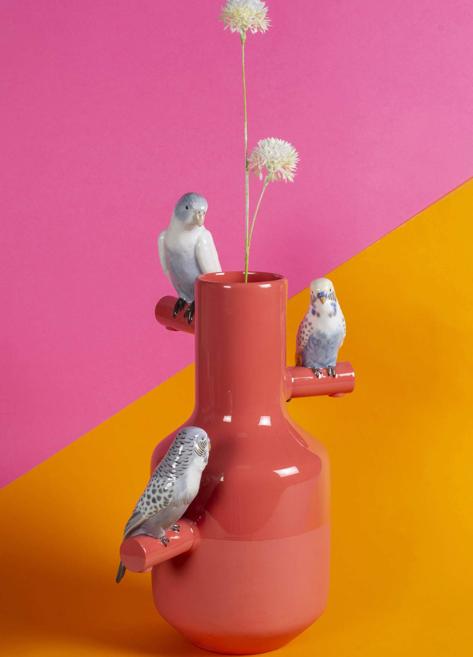 Lladró Parrot Parade vaso porcellana rosso corallo pappagalli