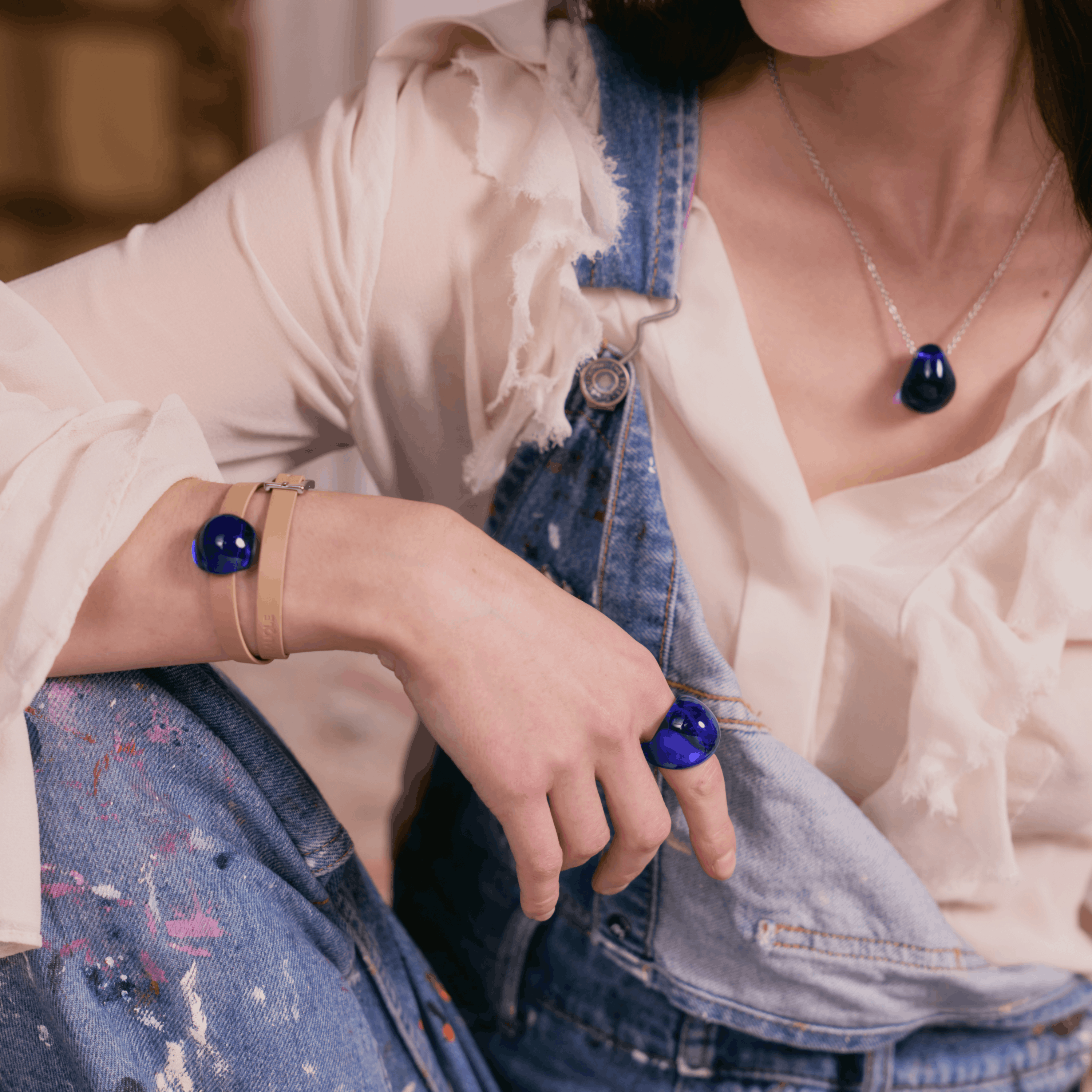 Lalique Cabochon bracciale pelle blu Cap-Ferrat donna