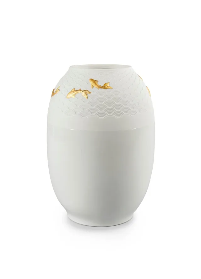 Lladró Koi Vaso in Porcellana Dorato Lucido Litofane