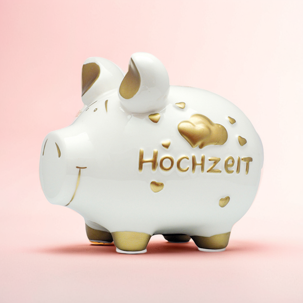 Sparschwein Hochzeit salvadanaio maialino ceramica bianco oro medio