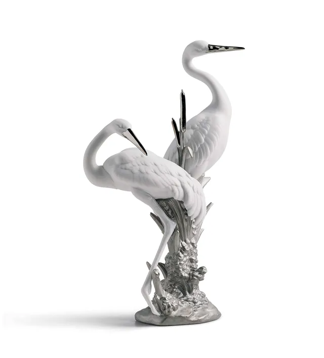 Lladró Coppia di Gru scultura porcellana lustro argento