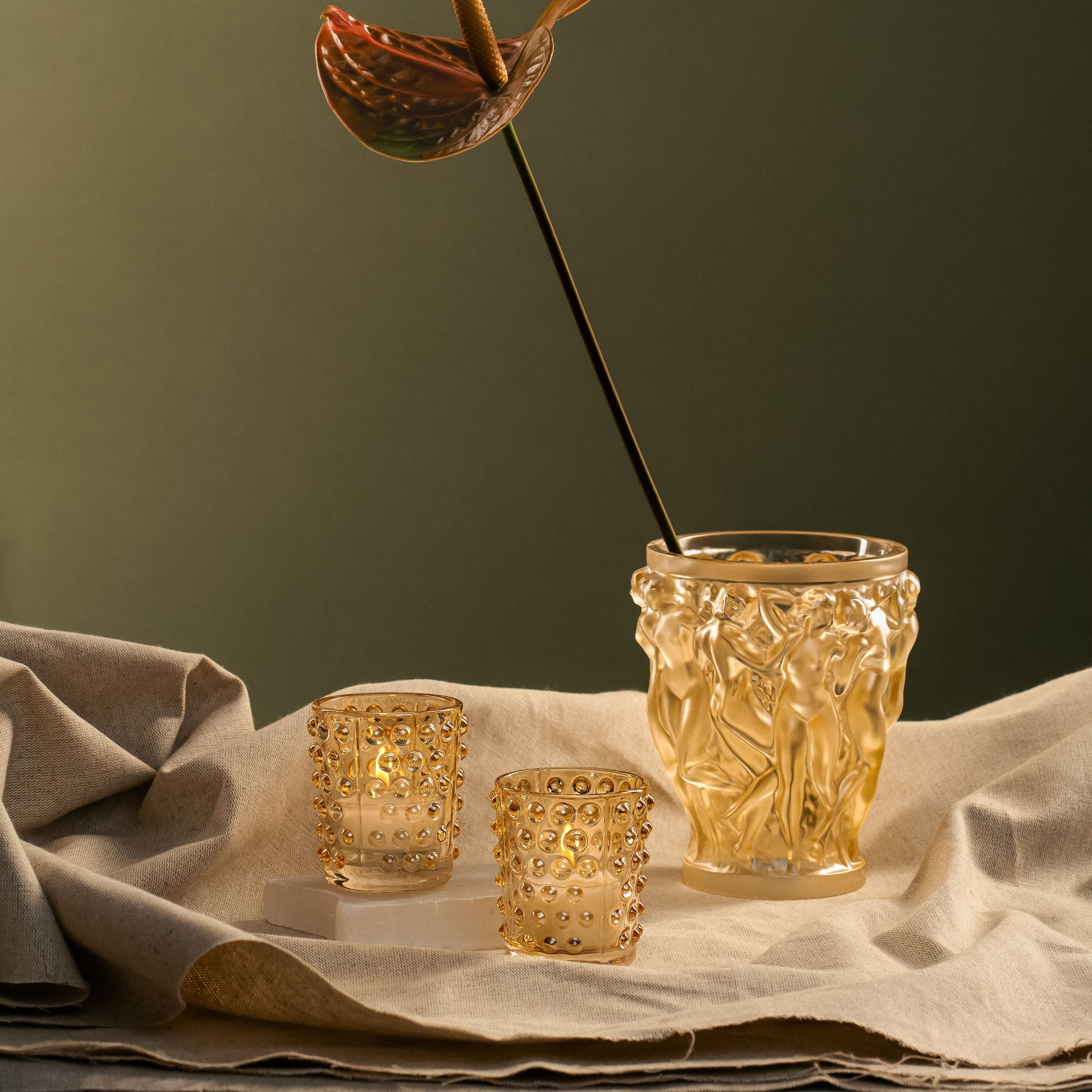 René Lalique Mossi Set 2 Portacandele Cristallo Oro