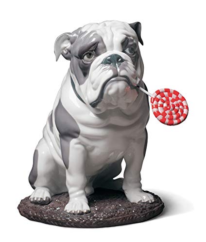 Lladró Sculture Cane Bulldog con Leccalecca Figurina Porcellana