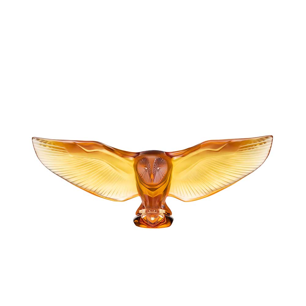 René Lalique Barn Owl scultura barbagianni cristallo ambra
