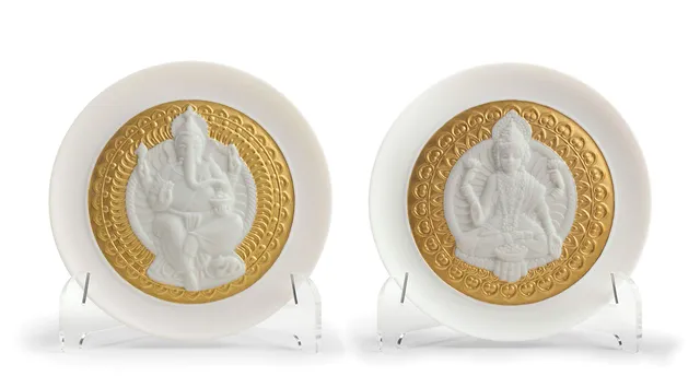 Lladró Lakshmi Ganesha set 2 piatti porcellana oro