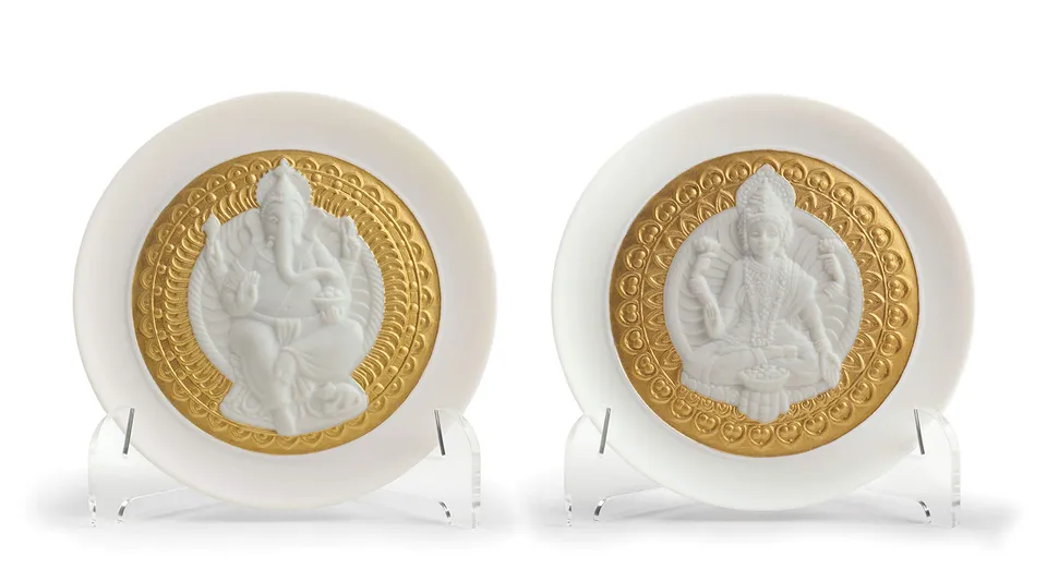 Lladró Lakshmi Ganesha set 2 piatti porcellana oro