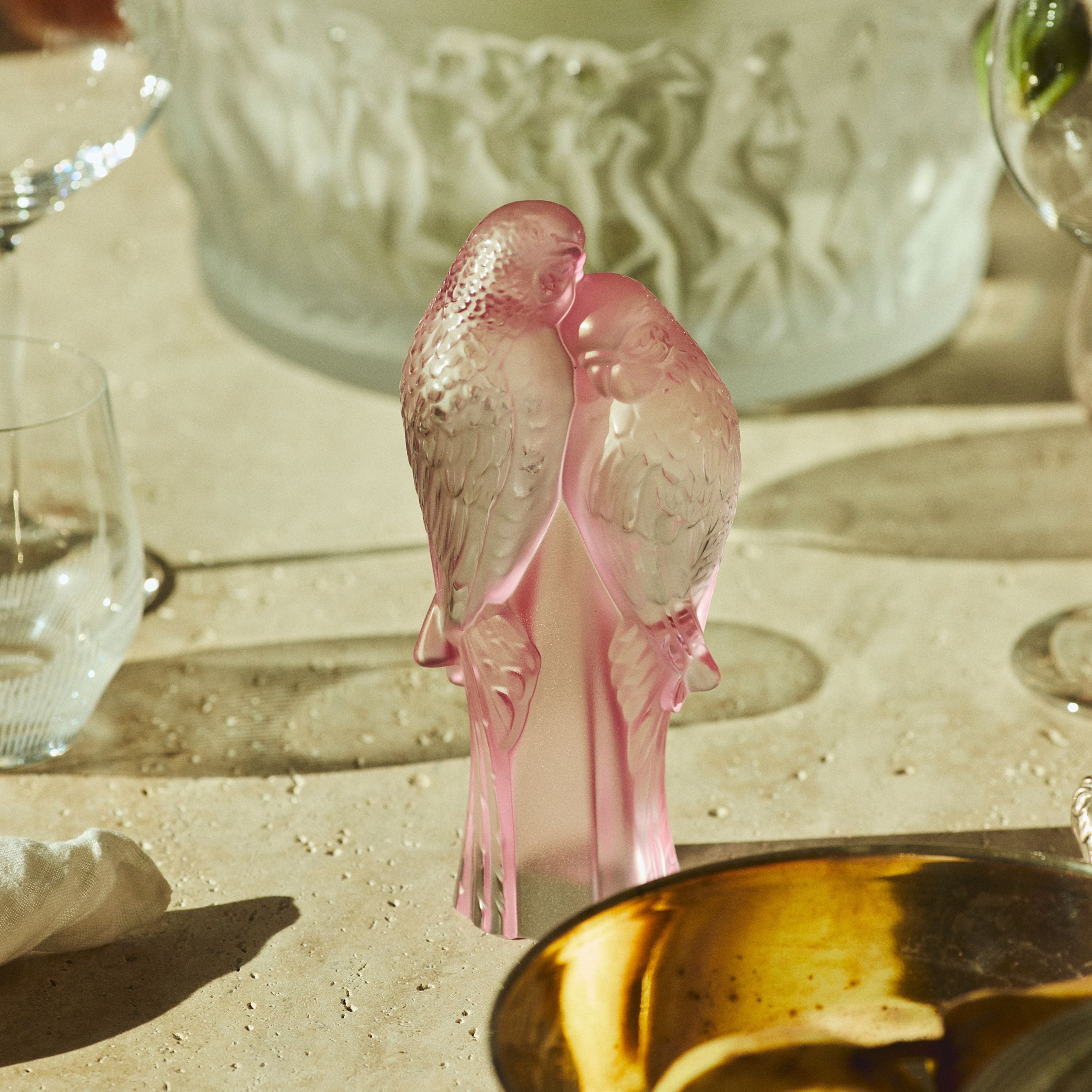 René Lalique 2 Parakeets scultura cristallo rosa