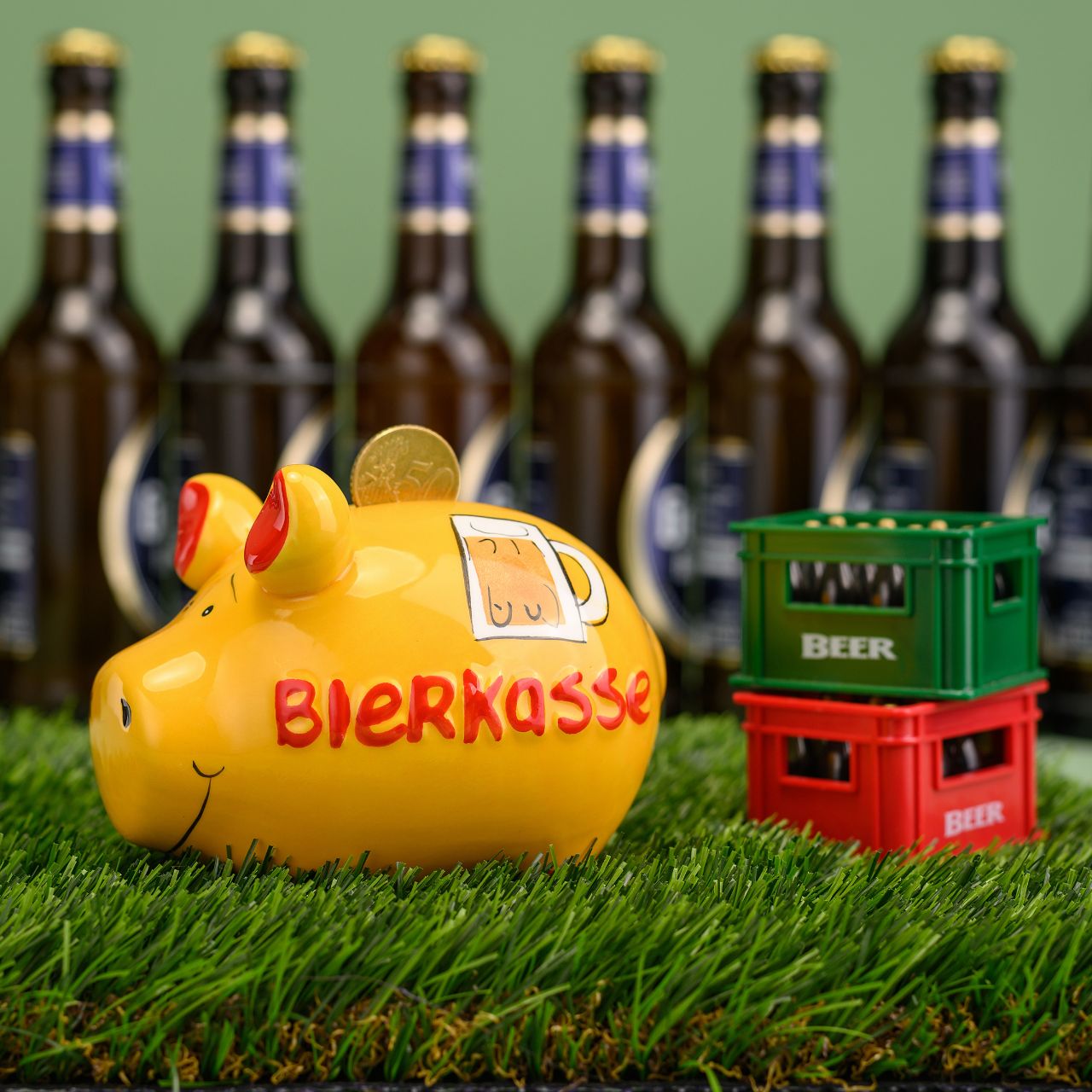 Sparschwein Company Bierkasse salvadanaio maiale piccolo giallo