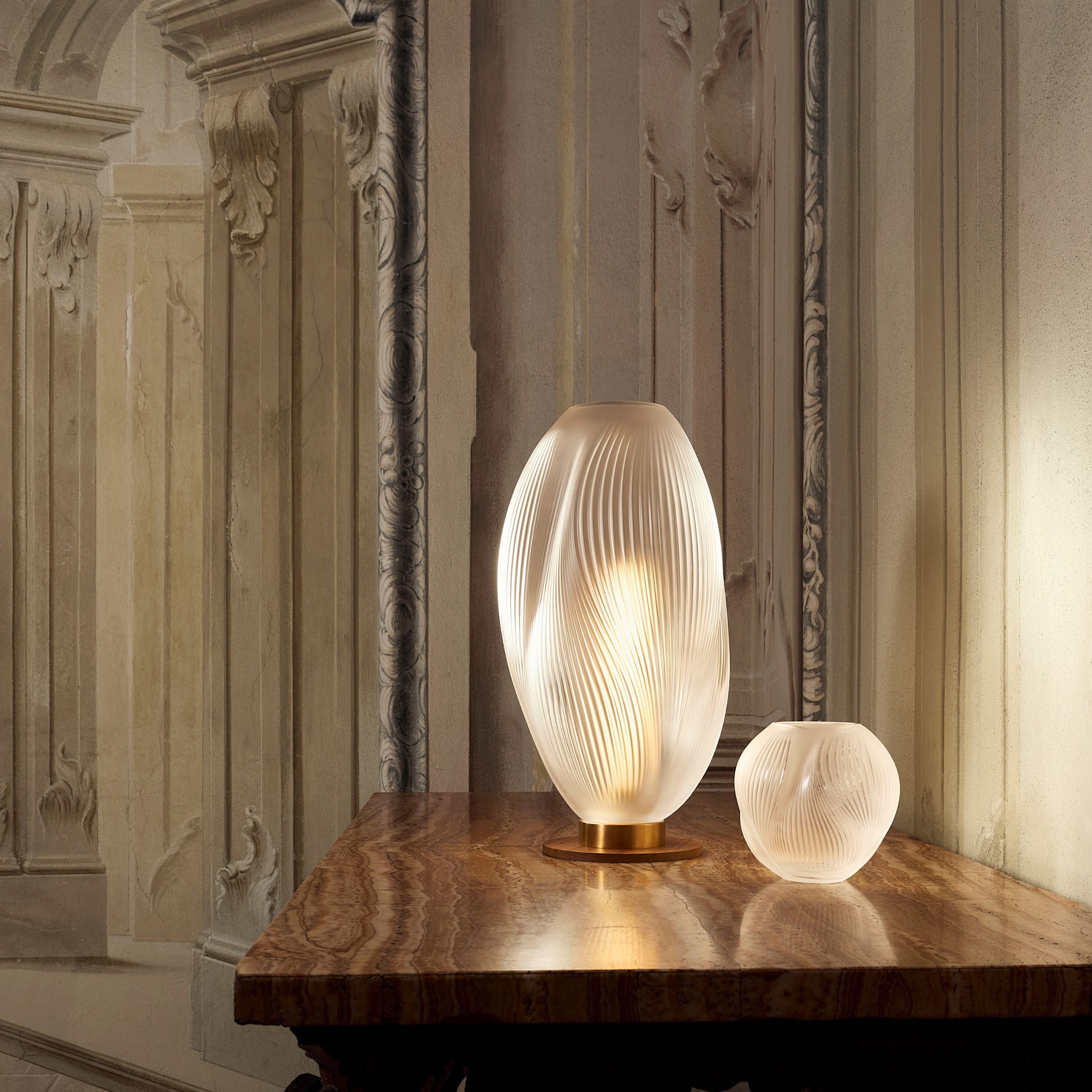 René Lalique Alizé XXL lampada tavolo cristallo base noce XL