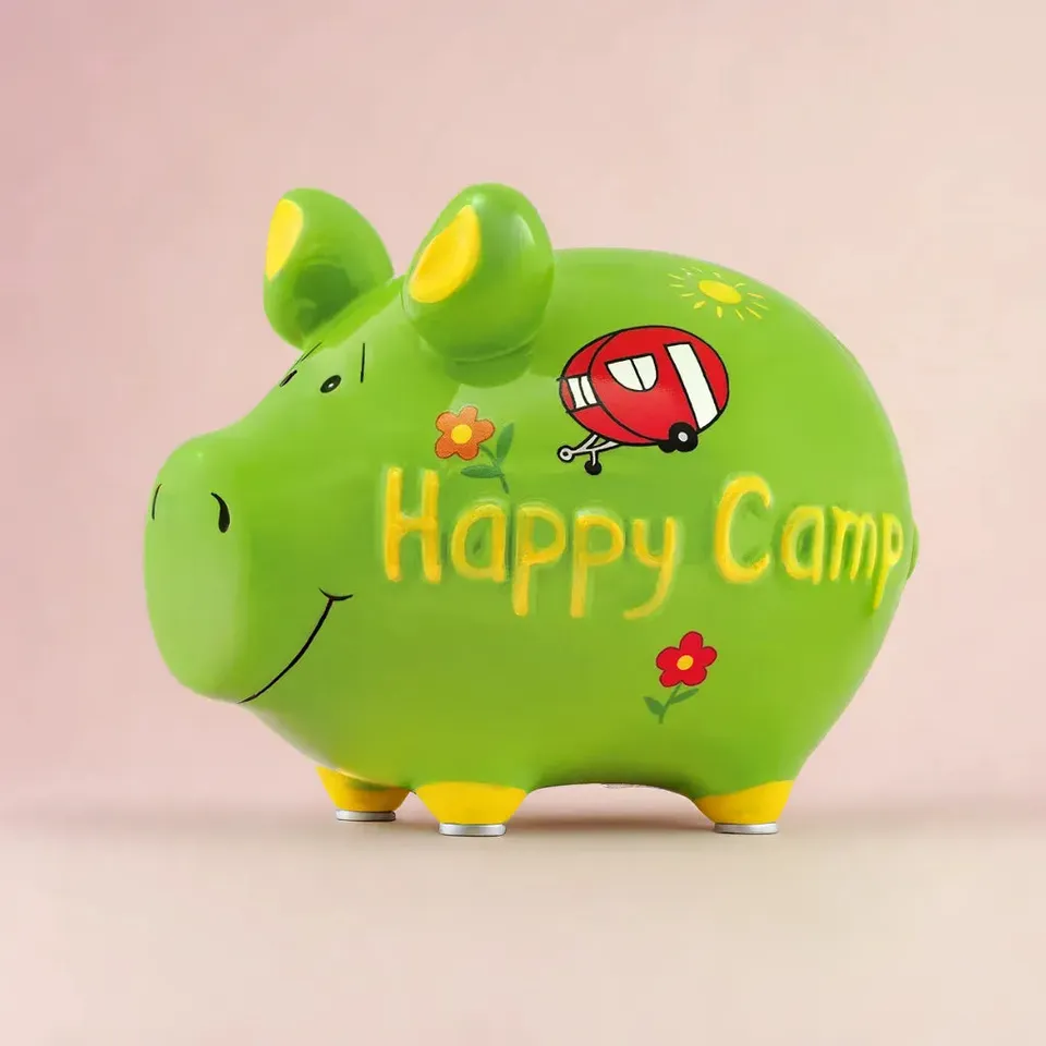 Sparschwein Happy Camper salvadanaio maiale ceramica verde