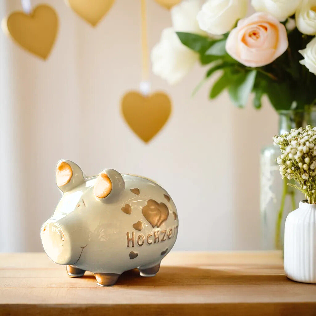 Sparschwein Hochzeit salvadanaio maialino ceramica bianco oro medio