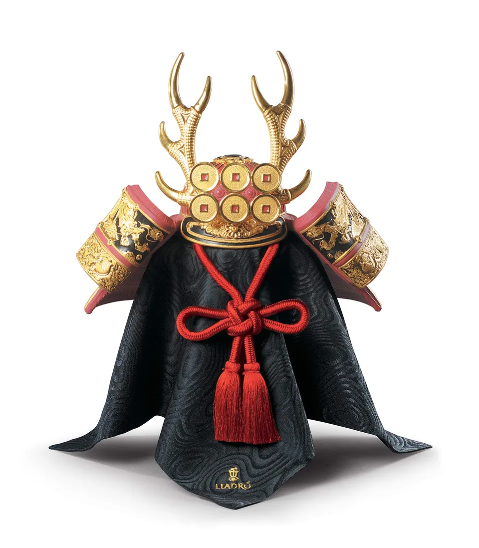 Lladró Elmetto Samurai scultura porcellana rossa lustro oro