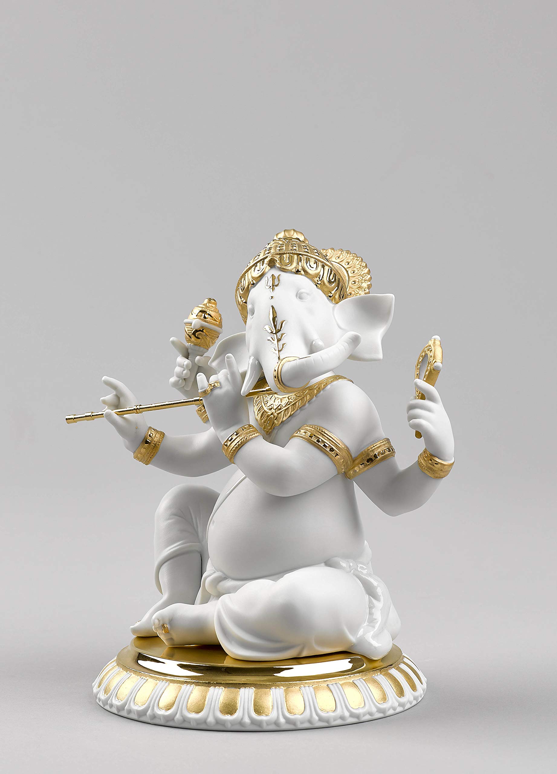 Lladró Ganesha con Bansuri figurina lustro oro porcellana