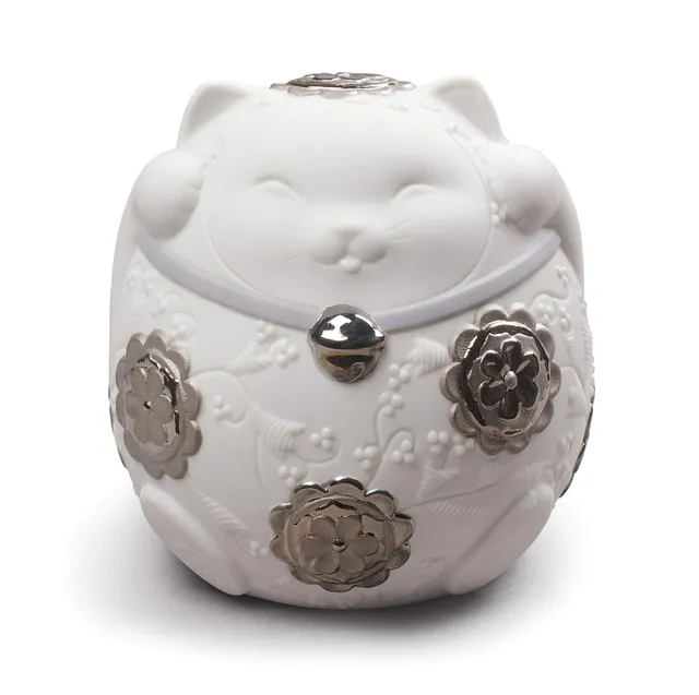 Lladró Maneki Neko II Statuetta Gatto Fortunato Argento