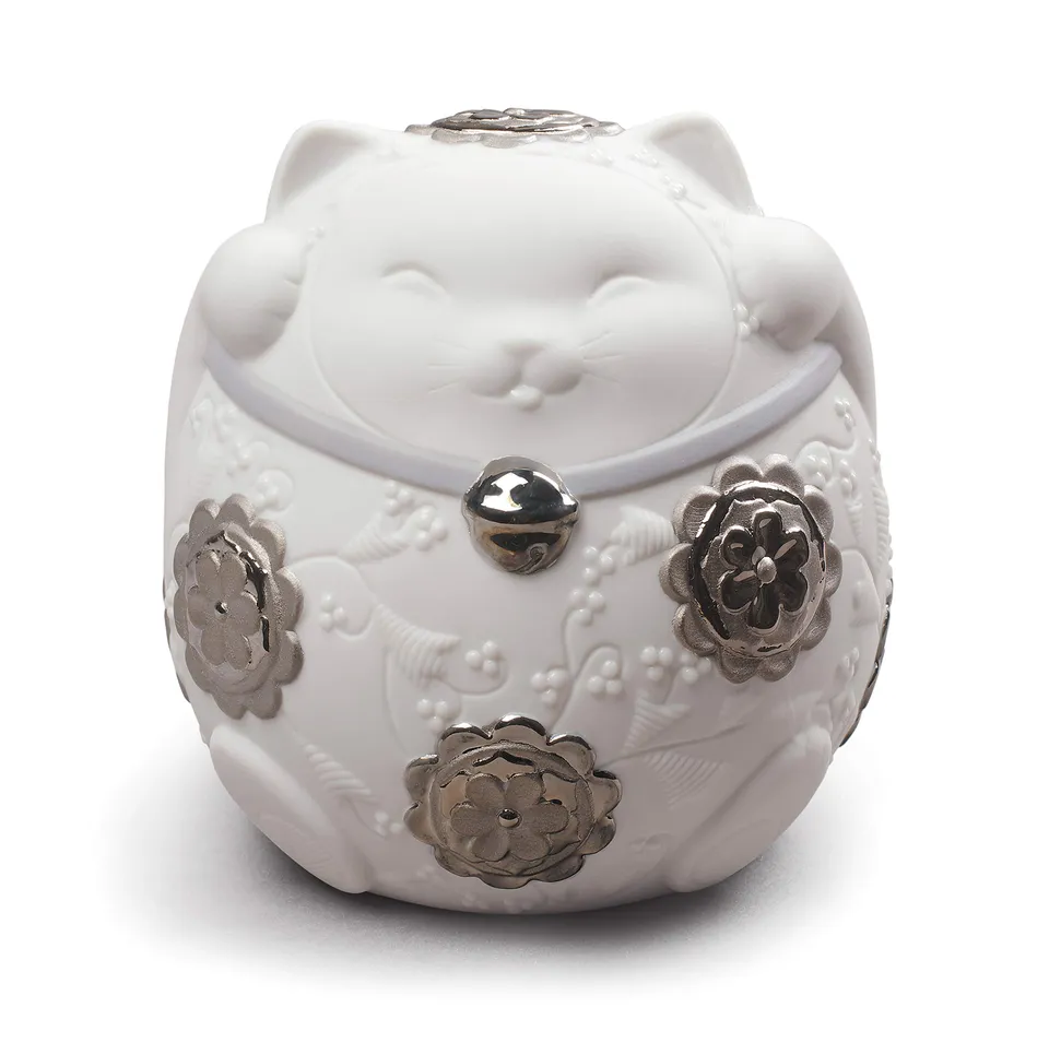 Lladró Maneki Neko II Statuetta Gatto Fortunato Argento