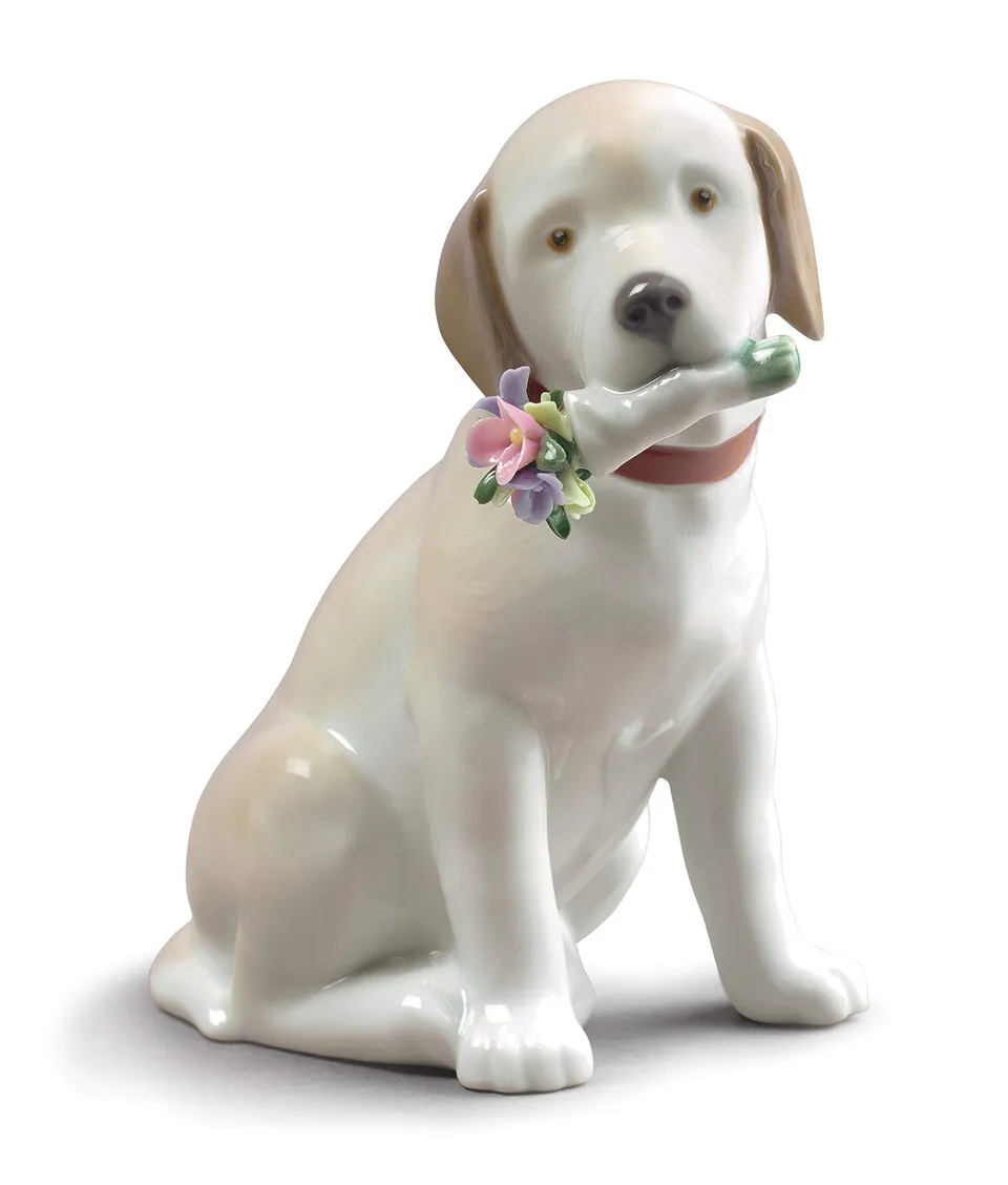 Lladró Sculture Questi Fiori Sono Per Te statuetta cane porcellana lucida